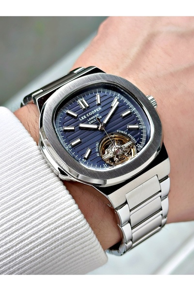 Lee Cooper Silver-Navy Blue Steel Cord Men's Wristwatch with Automatic Mechan...