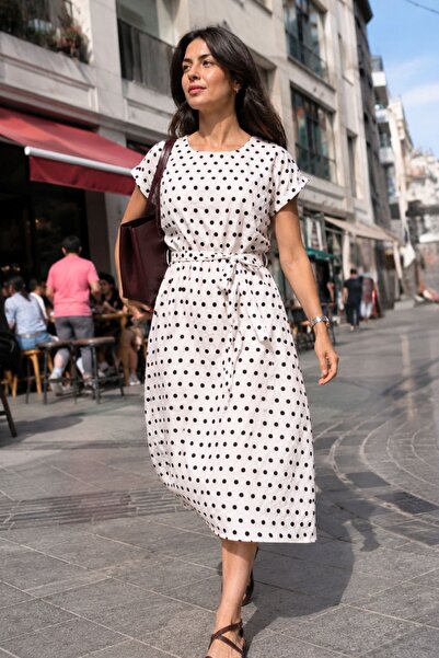 armonika Women's White Polka Dot Elastic Waist Tie Dress Arm-26Y001121