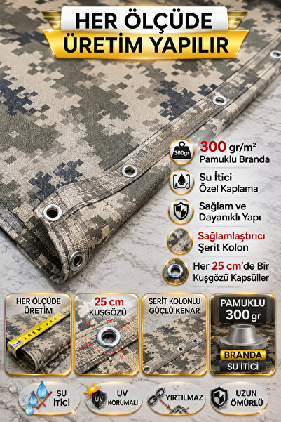 Branda Noktası 300 gr Kamuflaj Pamuklu Su İtici Branda – Şerit Kolonlu ve Kuş...