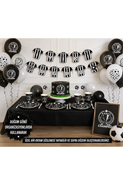 BİLGİ K K Black and White Birthday Celebration Set for 8 People Plate Cup Bal...