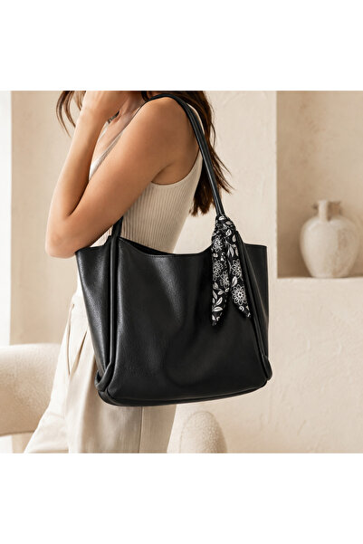 RAPA Women's Black Oversized Scarf Detailed Shoulder Bag Stylish Daily Tote Bag
