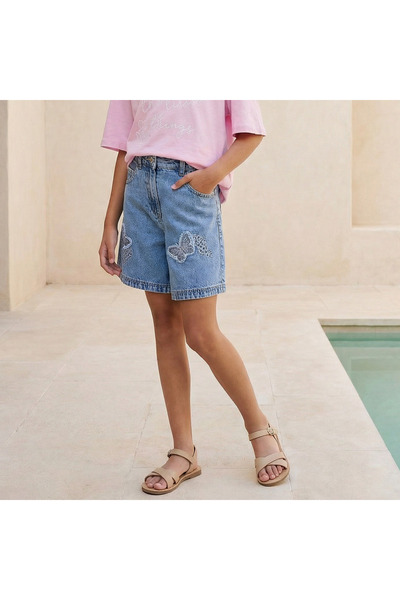 Juniors Knee Length Denim Shorts with Butterfly Embroidery