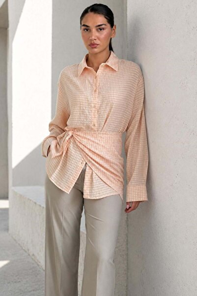 Madmext Pink Scarf Detailed Square Patterned Women's Shirt Mg2783