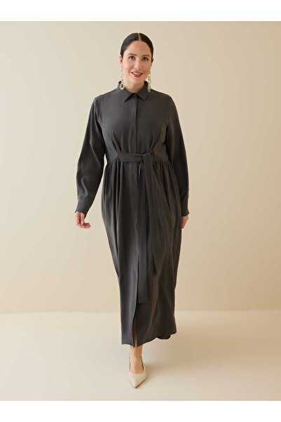 ALİA Plus Size Dress with Hidden Pleats - Anthracite -