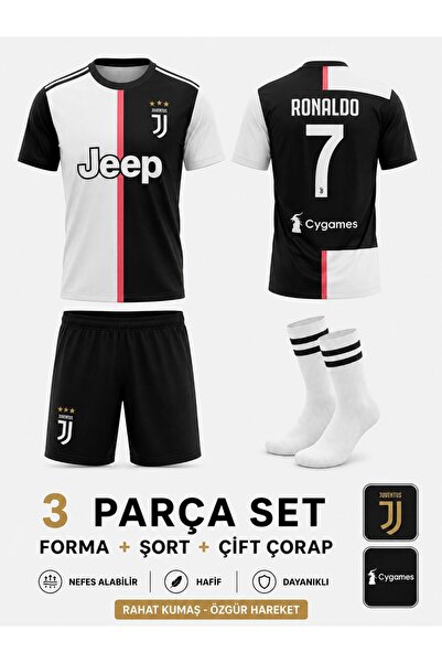 sonvadi Ronaldo Juventus. Beyaz-Siyah Çocuk Futbol Forması Çorap Hediyeli