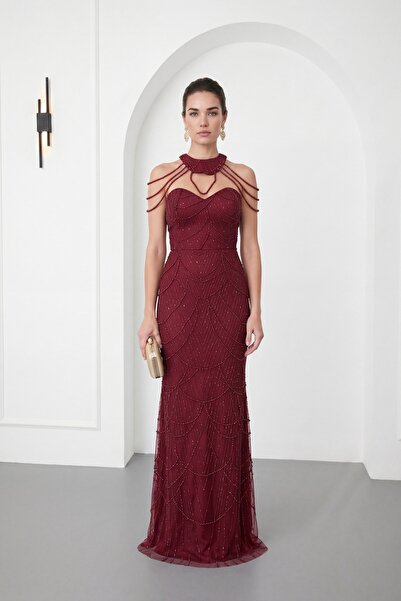 Lafaba Rochie de seară lungă, cu guler și detalii cu mărgele, de damă, burgundy