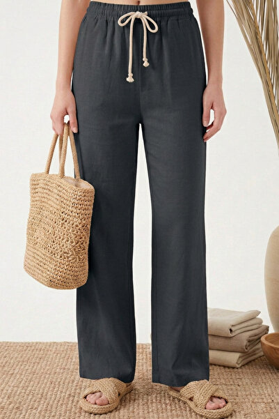 INFLUYENTE Women's Muslin Palazzo Pants - Black Wide Leg High Waist