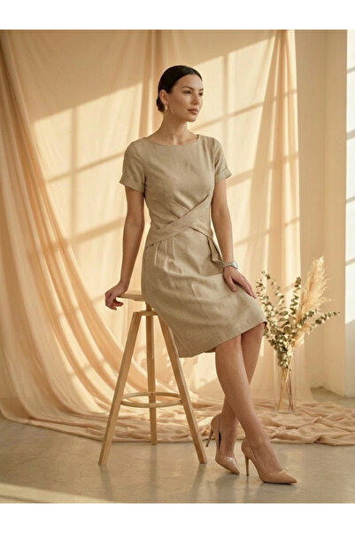 Mish By Styli Beige Criss-Cross Waist Detail Knee Length Dress