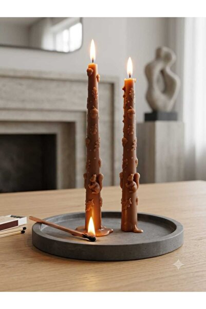 SCA CANDLE Dekoratif mum Şamdanlık Mum sonBahar desenli koyu kahve renk 2 parça