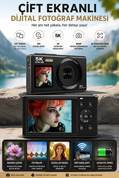 kozo-f 5K Ultra HD Dijital Fotoğraf Makinesi Çift Ekranlı 80MP Kamera 18X Dij...