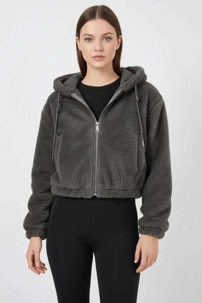 ALFA AKSESUAR 03 Women's Hooded Crop Plush Anthracite Jacket