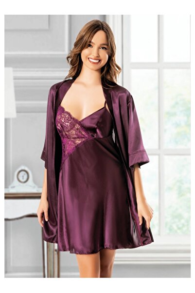 The Avenue Lace Detailed Nightgown with Straps and Plum Satin Robe