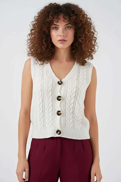 ALFA AKSESUAR 03 Women's V-Neck Knitted Detailed Buttoned Knitwear White Vest