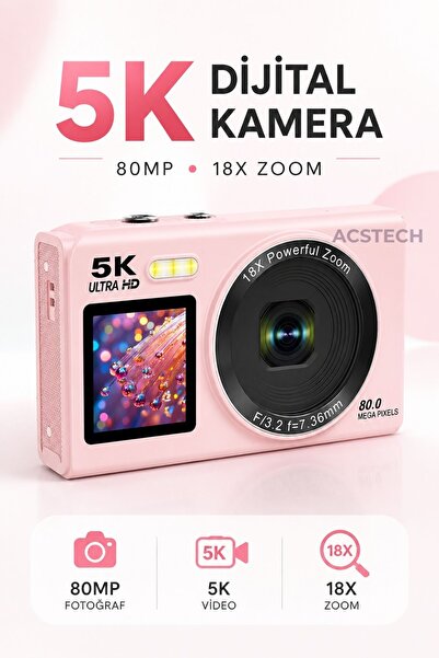 ACSTECH 5K Çift Ekranlı Dijital Fotoğraf Makinesi | 80MP | 18X Zoom | 32GB Ha...