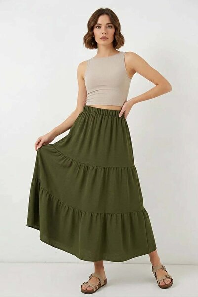 Generic Brand Women's Layered Ruffled Khaki Skirt