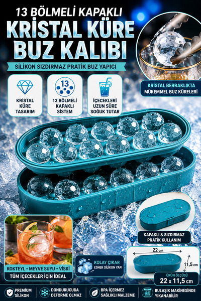 Hane Dostu 13 Bölmeli Kapaklı Kristal Küre Buz Kalıbı Silikon Buz Topu Yapıcı...