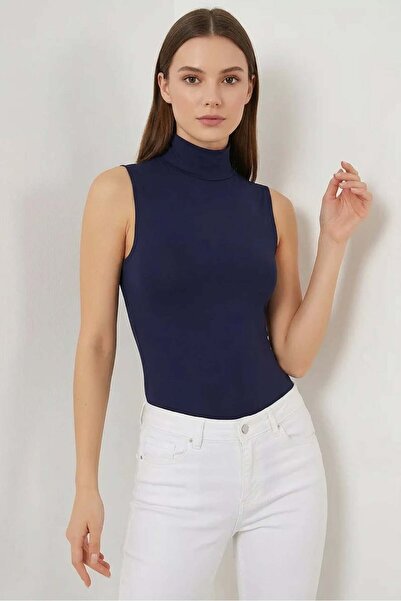 Generic Brand Women's Turtleneck Sleeveless Viscose Navy Blue Bodysuit