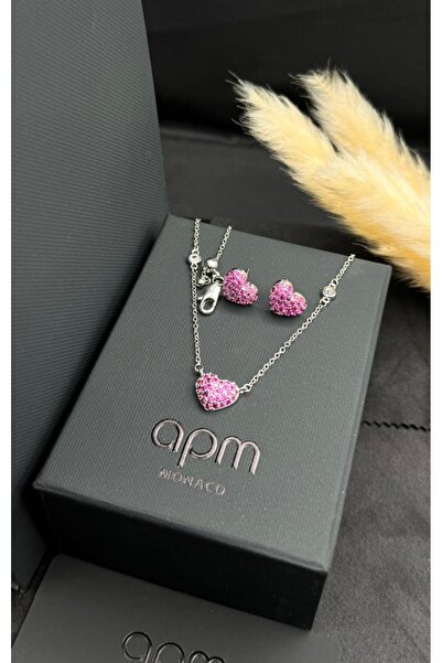 Generic Luxurious Pink Color Shiny Heart Set with Matching Earrings