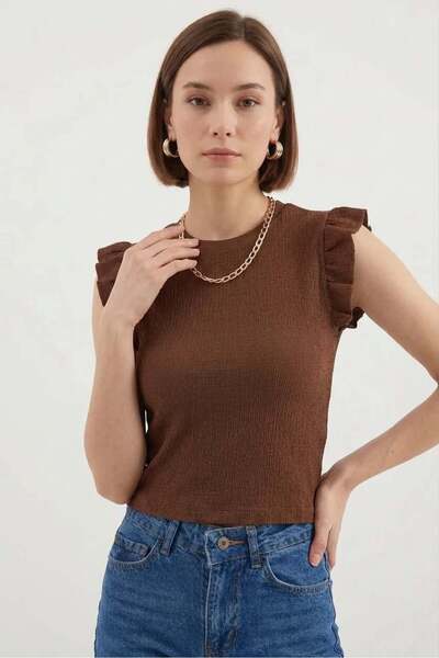 Generic Brand Women's Round Neck Ruffle Sleeve Brown Blouse