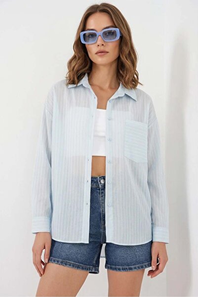 Generic Brand Women's Oversize Single Pocket Striped Viscose Blue Shirt