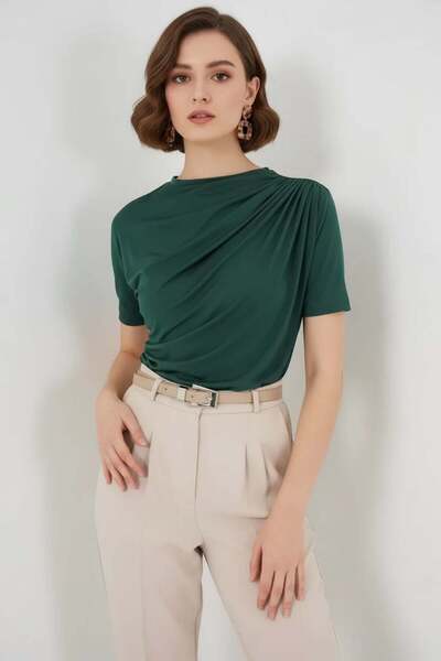 Generic Brand Women's Round Neck Gathered Detail Short Sleeve Emerald Green B...