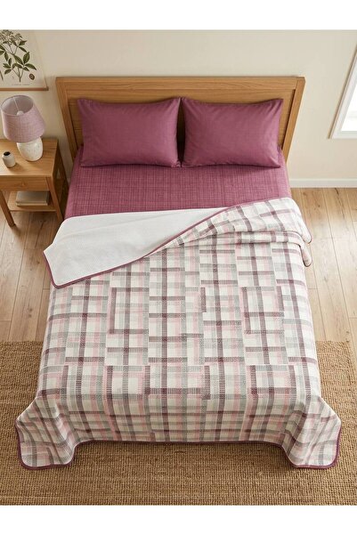 ŞENER HOME Set de lenjerie de pat dublă cu elastic, cu model în carouri Madras