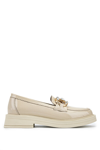 Tamer Tanca Women's Genuine Leather Beige Patent Leather Loafer Shoes