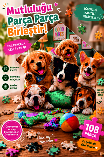 Leelii Tasarım Sevimli Köpekler Ev Şeklinde Özel Ahşap Puzzle Yapboz 108 Parça