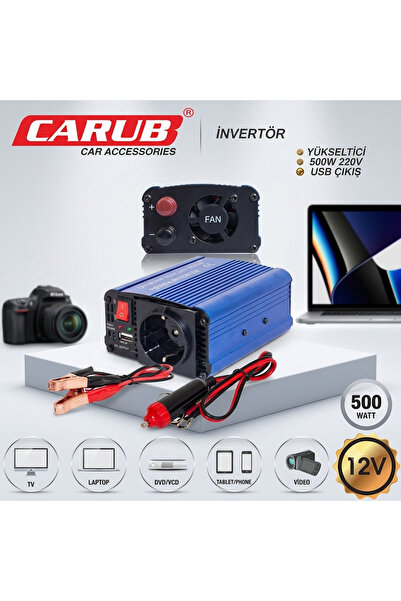 Carub Oto İnvertör 12V'den 220V'a Dönüştürücü 500 Watt - Kamp ve Karavan Tipi + 24 Ay Garantili