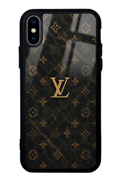 Spoyi iPhone X - Xs Black Mermer Gold LV Tasarımlı Glossy Telefon Kılıfı