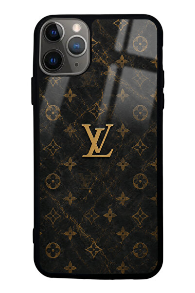 Spoyi iPhone 11 Pro Max Black Mermer Gold LV Tasarımlı Glossy Telefon Kılıfı