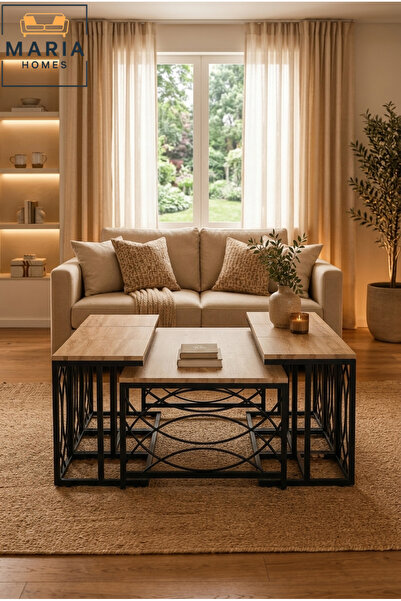 Maria Home Modern Center Table set – Wooden Top with Metal Base, Living Room ...