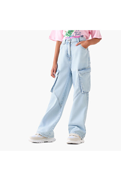 Juniors Wide Leg Cargo Jeans with Buttoned Waist