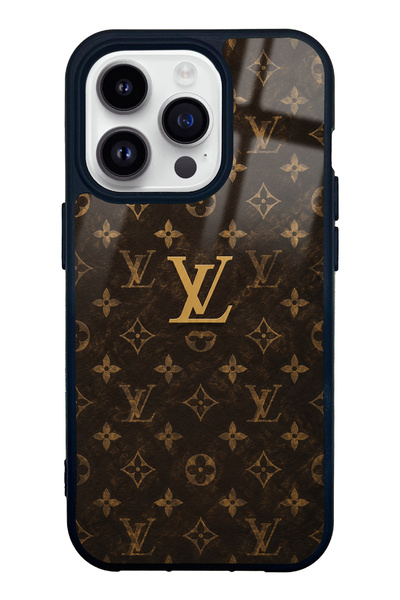 Spoyi iPhone 14 Pro Brown Gold LV Tasarımlı Glossy Telefon Kılıfı