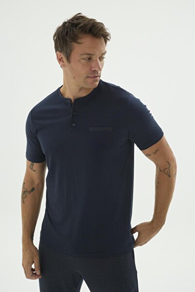 Sevim Men's Buttoned Collar Short Sleeve Navy Blue Pajama Set C8T6N69