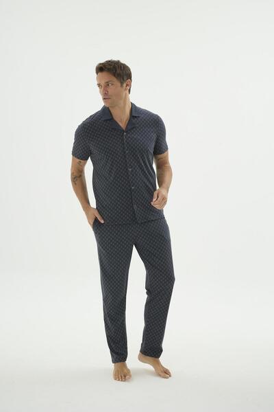 Sevim Men's Shirt Collar Front Buttoned Smoked Pajama Set C3T7N69