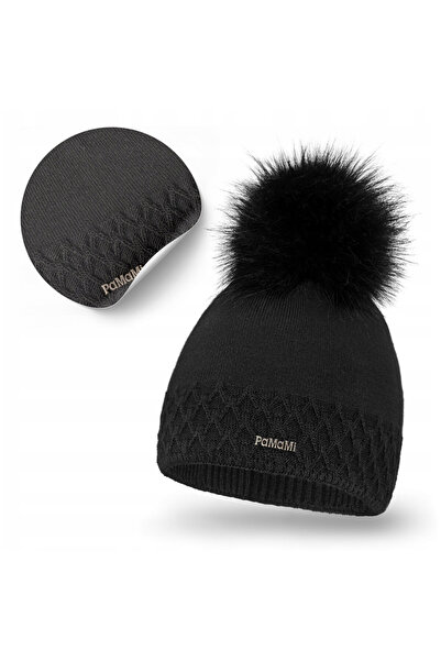 Pamami Caciula de iarna, Pamami, 55-58 cm, neagra, pompom din blana , 100% acril