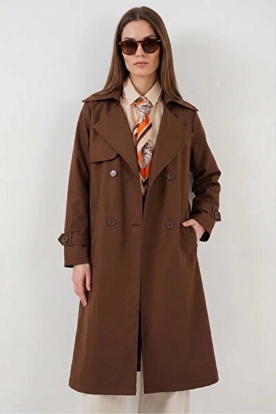 ALFA AKSESUAR 03 Women's Double Breasted Collar Belted Brown Trench Coat