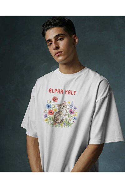 buzagi tasarım ürünleri Alpha Male Unisex Oversize White T-Shirt