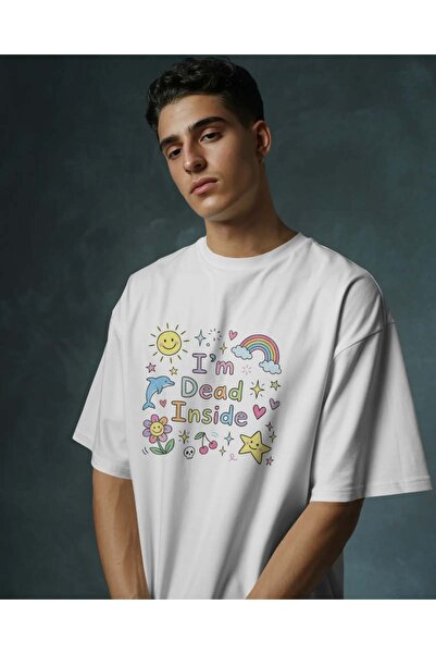 buzagi tasarım ürünleri Dead Inside Unisex Oversize White T-Shirt