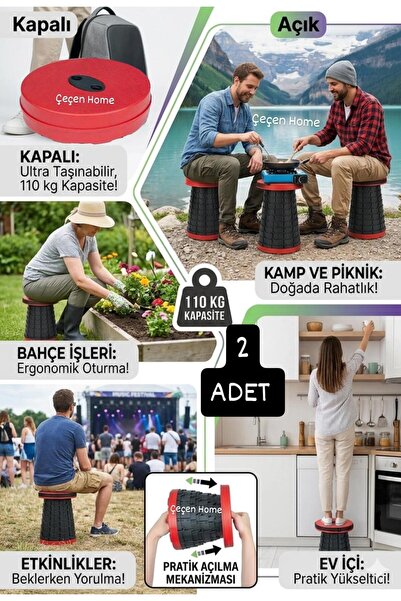ÇEÇEN HOME (2 Adet) Teleskopik Katlanır Tabure,Kolay Taşınabilir Kamp Tabures...