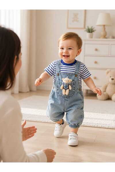 bubiee baby Baby Boy Teddy Bear Detailed Gardener Denim Overalls and Striped ...