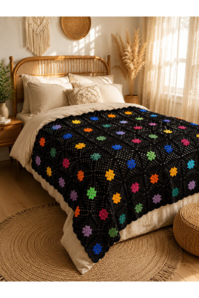 BY AKTEPE STORE El Yapımı Granny Square Motifli Tek Kiişilik Örgü Battaniye –...
