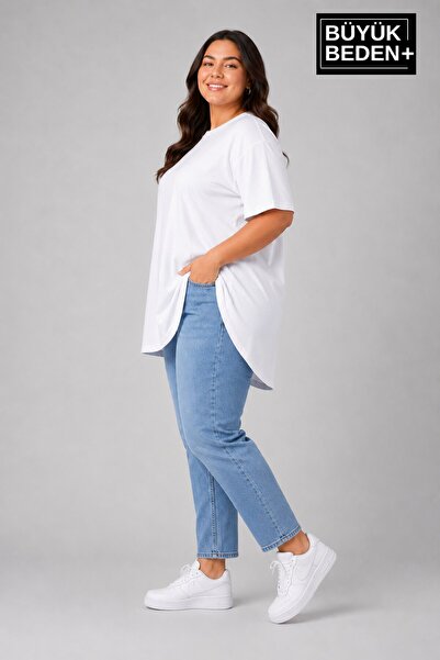 Süperlife Plus Size Women's Crew Neck Basic Oval Skirt Detailed 3Xl-6Xl Long Tunic Spr26Btsk502