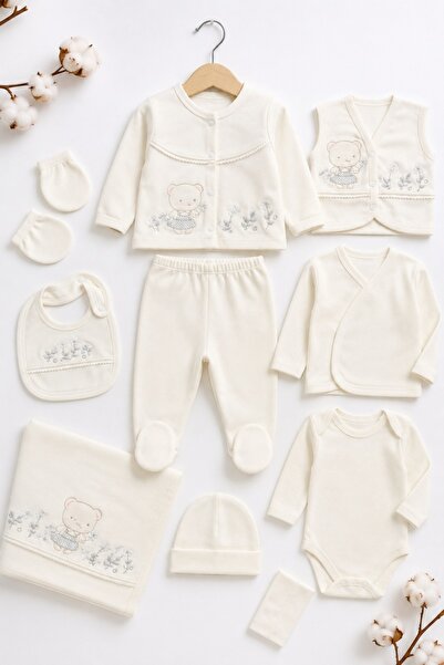 Pure Boutique Set nou nascut fetite 10 piese 100% bumbac, crem, ursulet broda...