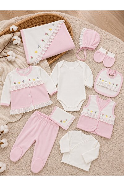 Pure Boutique Set nou nascut fetita 10 piese 100% bumbac, roz, flori brodate,...