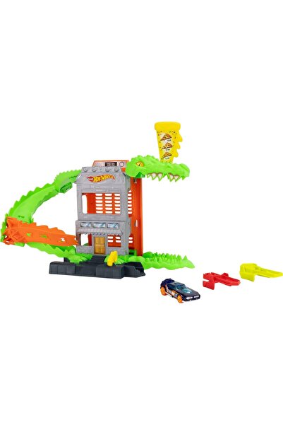 HOT WHEELS Oyuncak Araba Yarış Pisti Seti, 1:63 Ölçekli Araçlı Timsah Pizza Saldırısı Oyun Seti JHL93