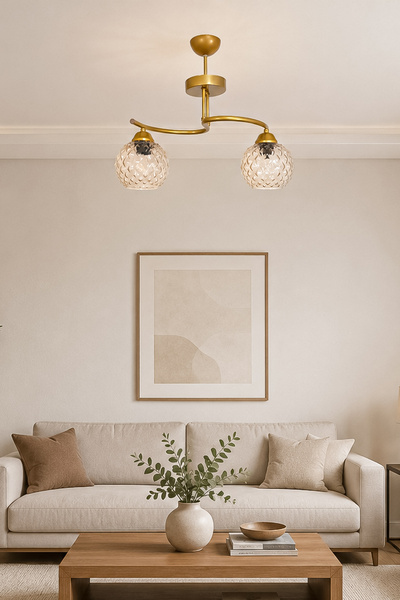 Fer Avize Fuji Modern Kabartma Camlı Dekoratif 2'li Avize Salon Yatak Odası M...