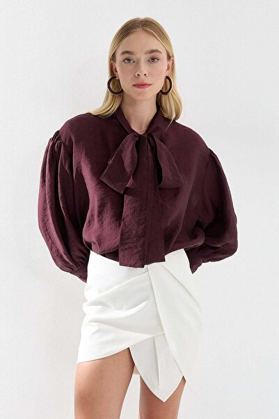 Lencie Balloon Sleeve Scarf Detailed Blouse Burgundy