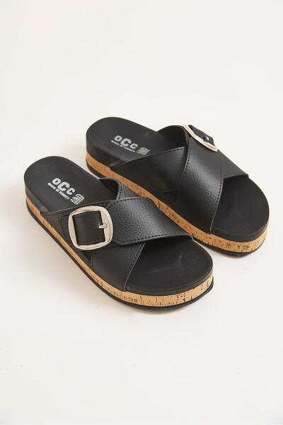 Raneel Kazançlı Alışveriş Cross-Strap Buckle High Sole Slippers Sandals Black